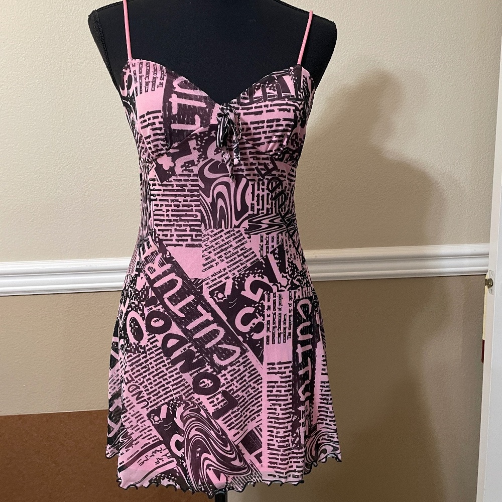 Urban Outfitters Pink & Black Newspaper Print Mini Dress - Size S-P